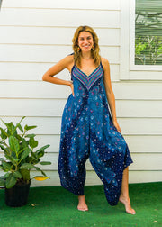 Indigo Peacock Feather Boho Jumpsuit