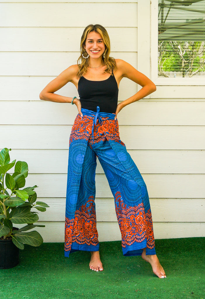 Pacific Blue Lotus Mandala Palazzo Wrap Pants