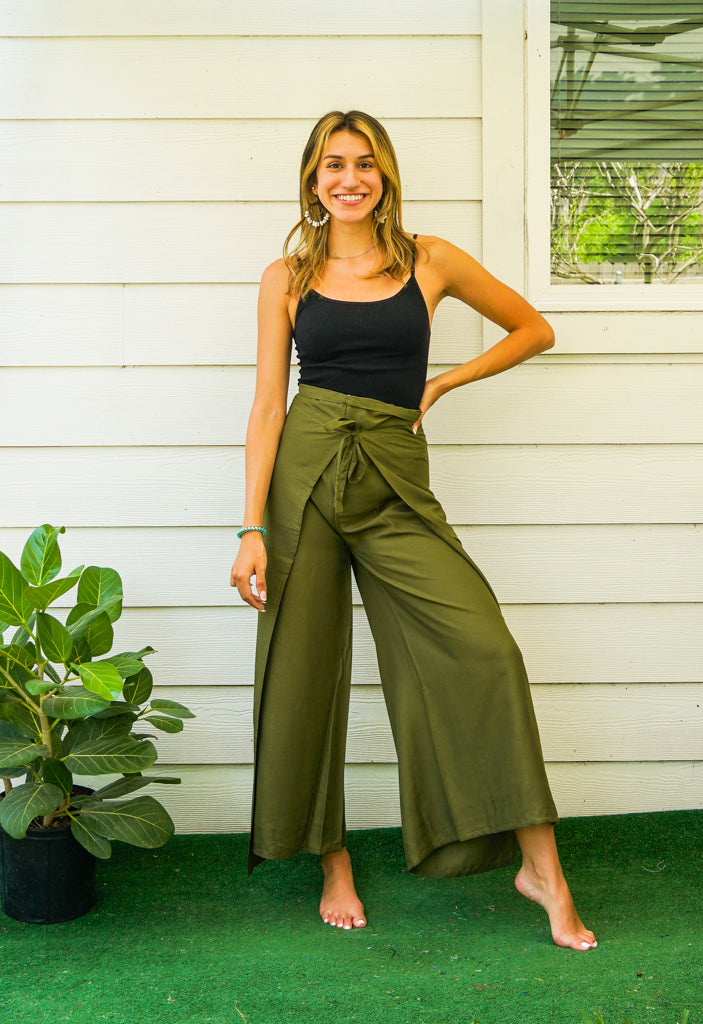 Olive Green Cullote Wide Leg Pants - SERUNA COLLECTION