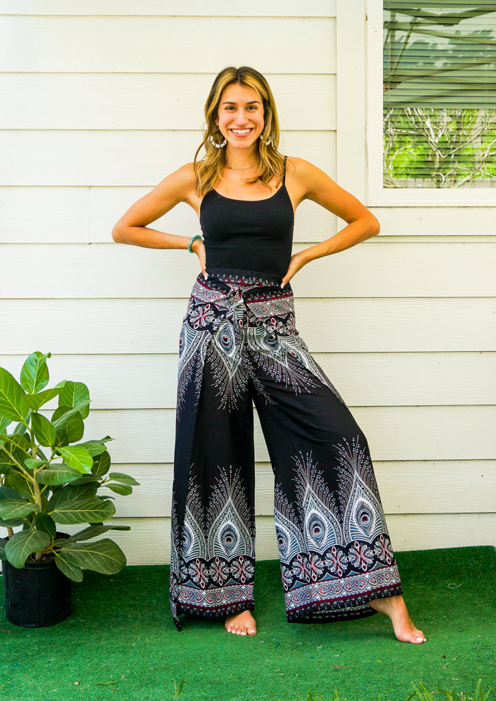 Black Peace Peacock Mandala Palazzo Wrap Pants