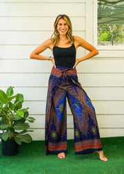 Regal Peacock Feather Palazzo Wrap Pants