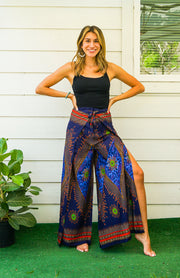 Regal Peacock Feather Palazzo Wrap Pants