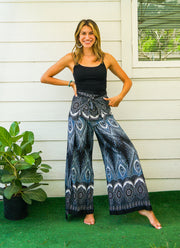 Black Royal Peacock Mandala Palazzo Wrap Pants