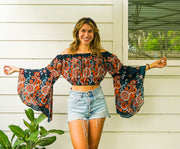 Bohemian Flowers Teal Orange Bell Sleeves Top