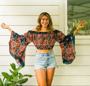 Bohemian Flowers Teal Orange Bell Sleeves Top