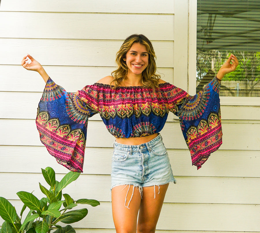 Bohemian Blue Mandala Bell Sleeves Top