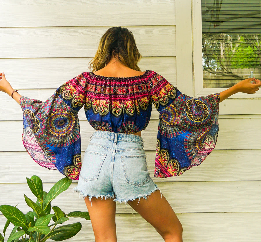 Bohemian Blue Mandala Bell Sleeves Top