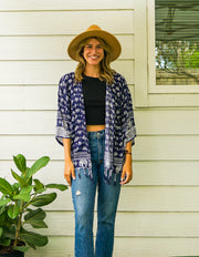 Deep Navy Blue and White Elephant Kimono