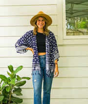 Deep Navy Blue and White Elephant Kimono