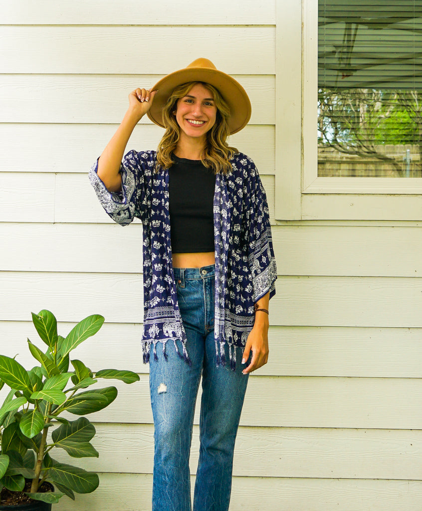 Deep Navy Blue and White Elephant Kimono