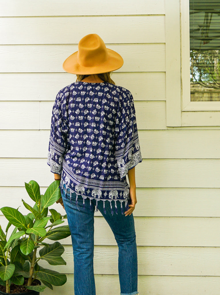 Deep Navy Blue and White Elephant Kimono