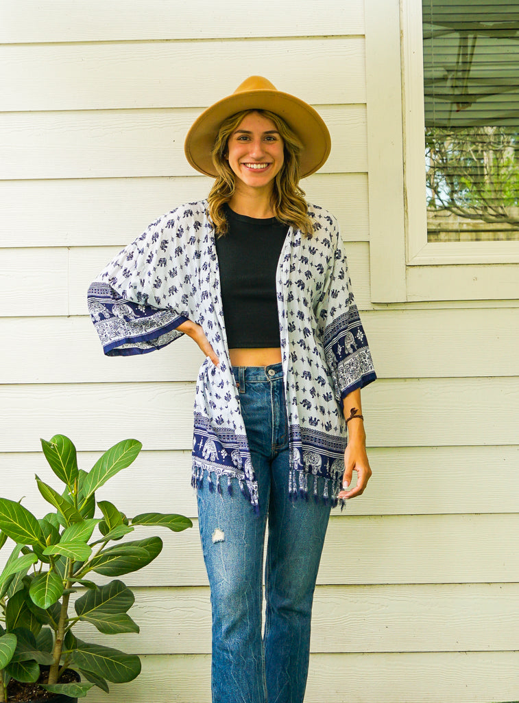 Navy Bloue and White Elephant Kimono