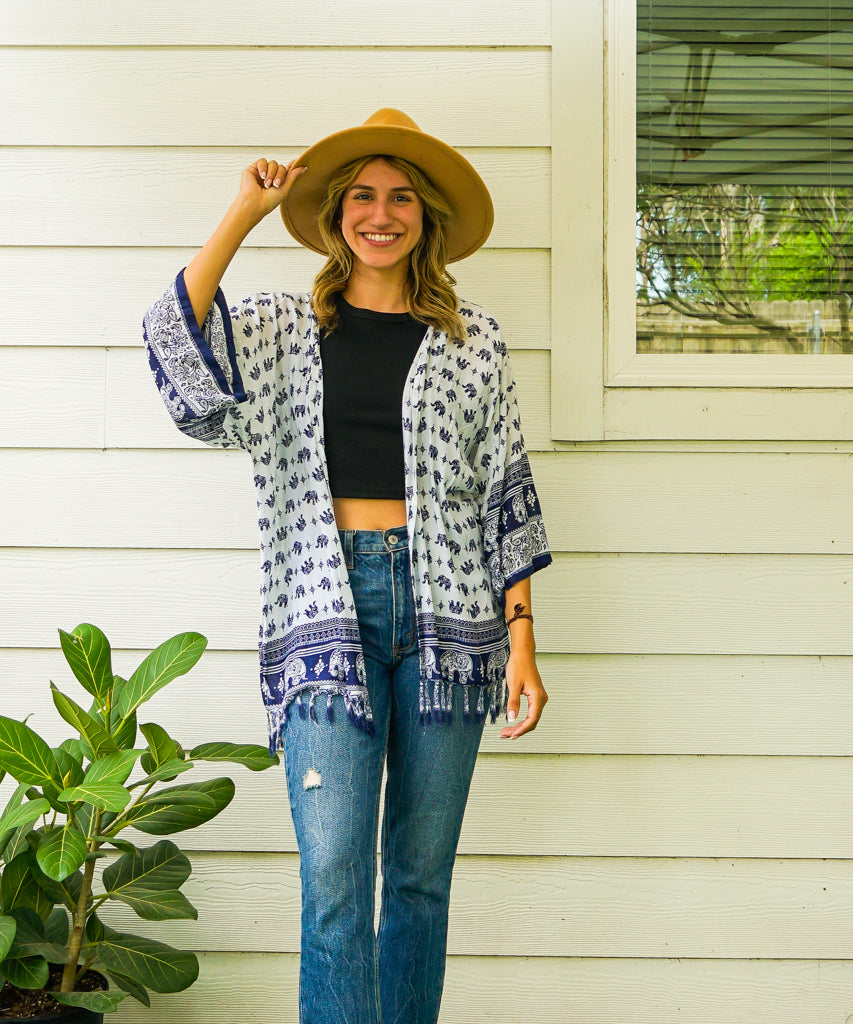 Navy Bloue and White Elephant Kimono