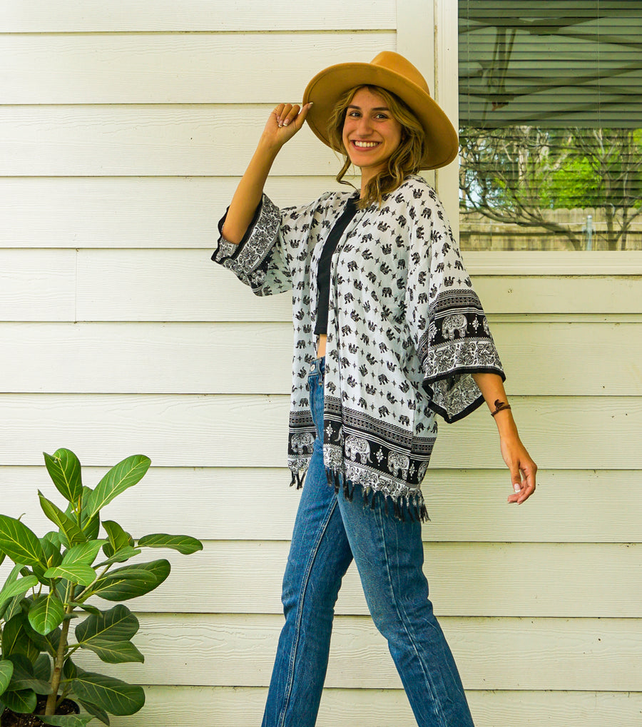 Black and White Elephant Kimono Cardigan