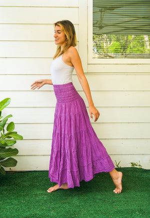 Purple Raw Crinkled Organic Cotton Gauze Tiered Maxi Skirt