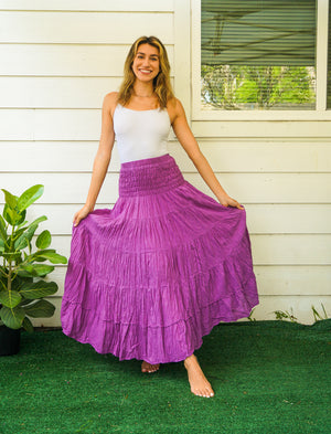Purple Raw Crinkled Organic Cotton Gauze Tiered Maxi Skirt