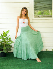 Mint Raw Crinkled Organic Cotton Gauze Tiered Maxi Skirt