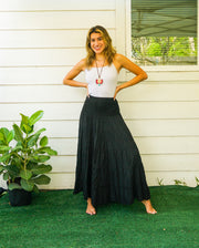 Black Raw Crinkled Organic Cotton Gauze Tiered Maxi Skirt