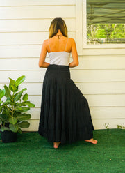 Black Raw Crinkled Organic Cotton Gauze Tiered Maxi Skirt