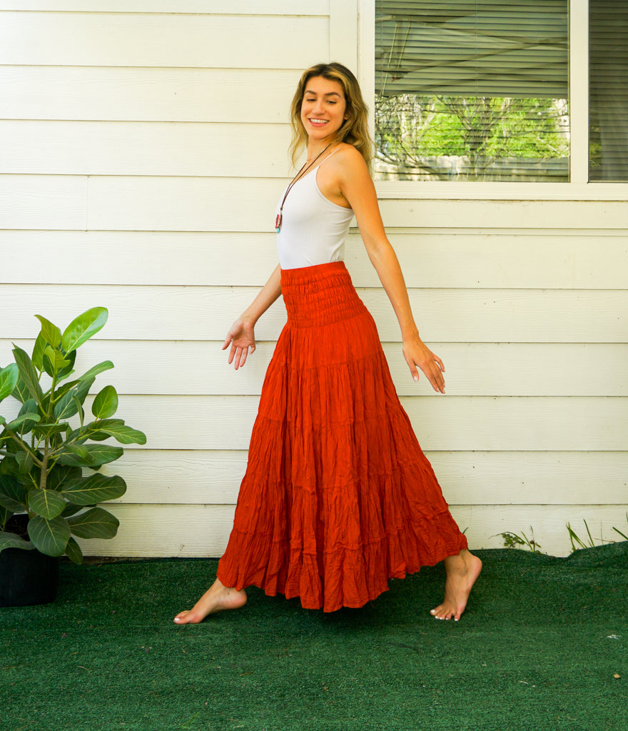 Rust Raw Crinkled Organic Cotton Gauze Tiered Maxi Skirt