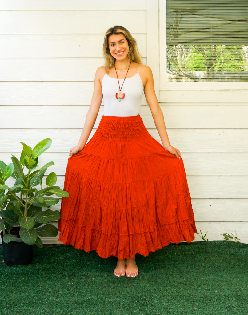 Rust Raw Crinkled Organic Cotton Gauze Tiered Maxi Skirt