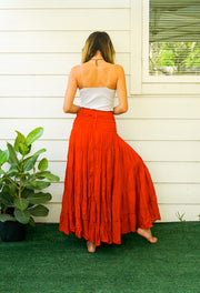 Rust Raw Crinkled Organic Cotton Gauze Tiered Maxi Skirt