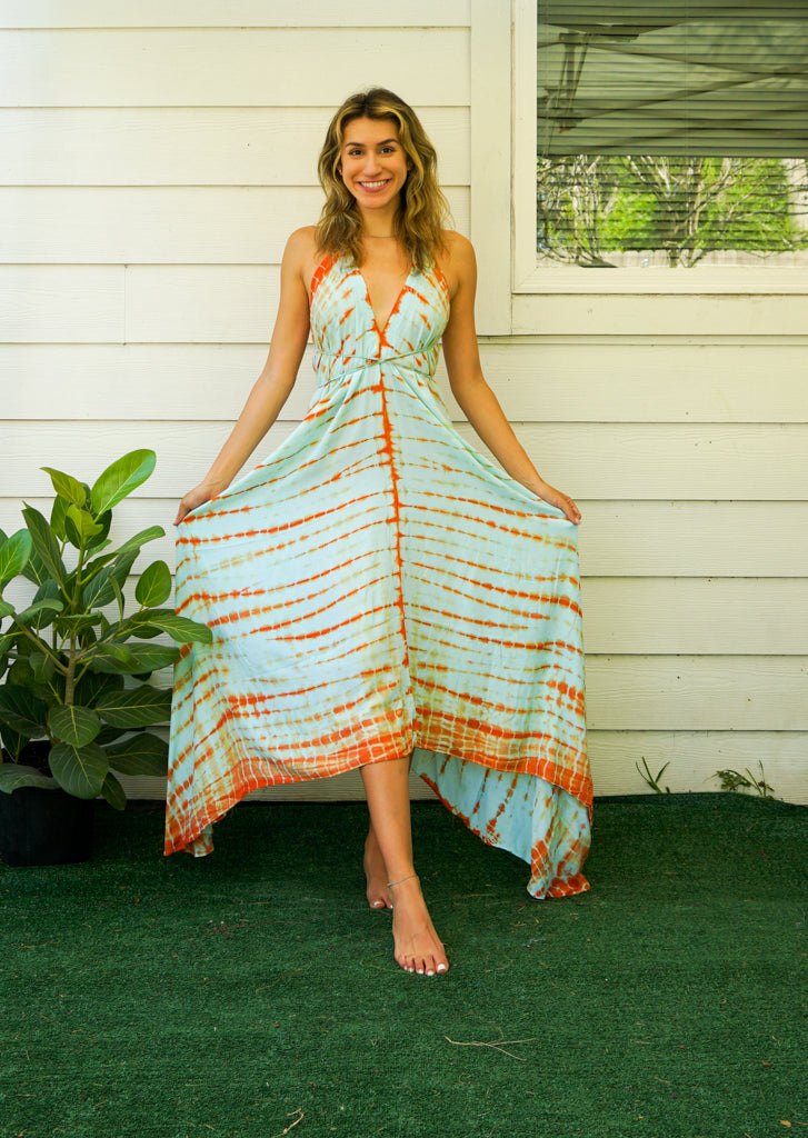 Blue Orange Shibori Hand Dyed Goddess Boho Maxi Dress