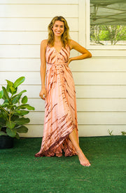 Old Rose Brown Shibori Hand Dyed Goddess Boho Maxi Dress