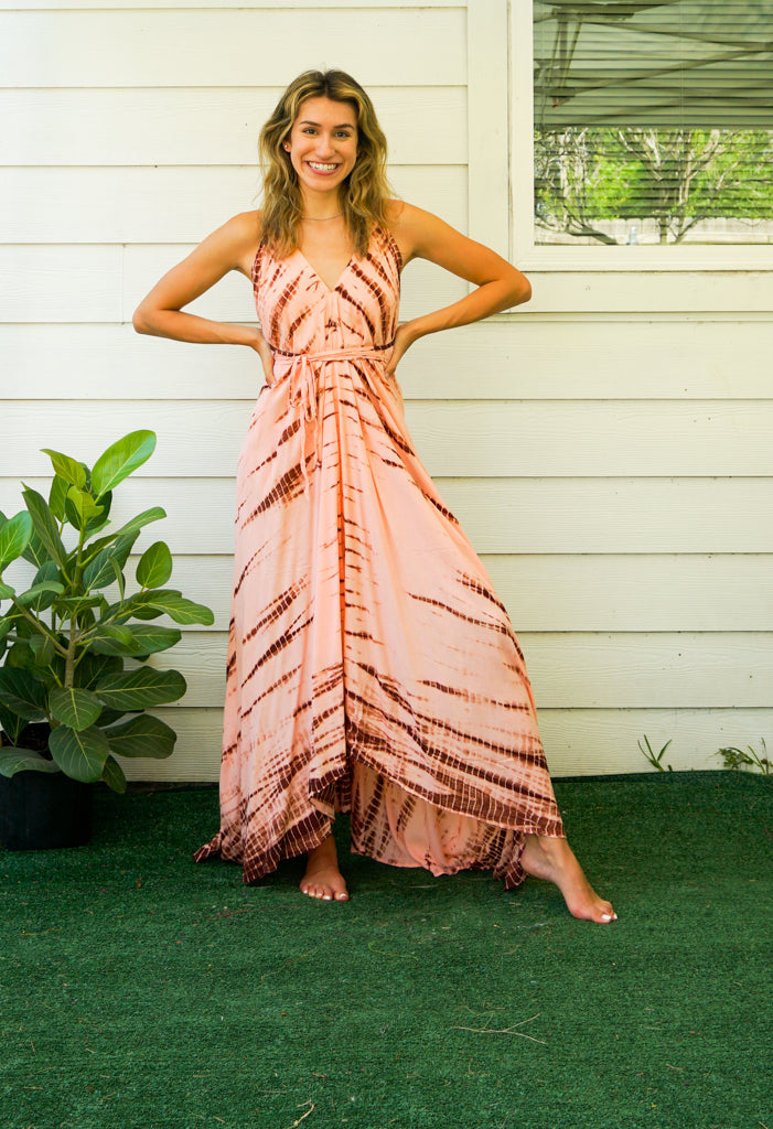 Old Rose Brown Shibori Hand Dyed Goddess Boho Maxi Dress