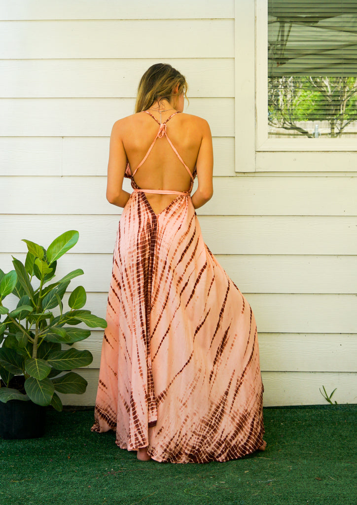 Old Rose Brown Shibori Hand Dyed Goddess Boho Maxi Dress