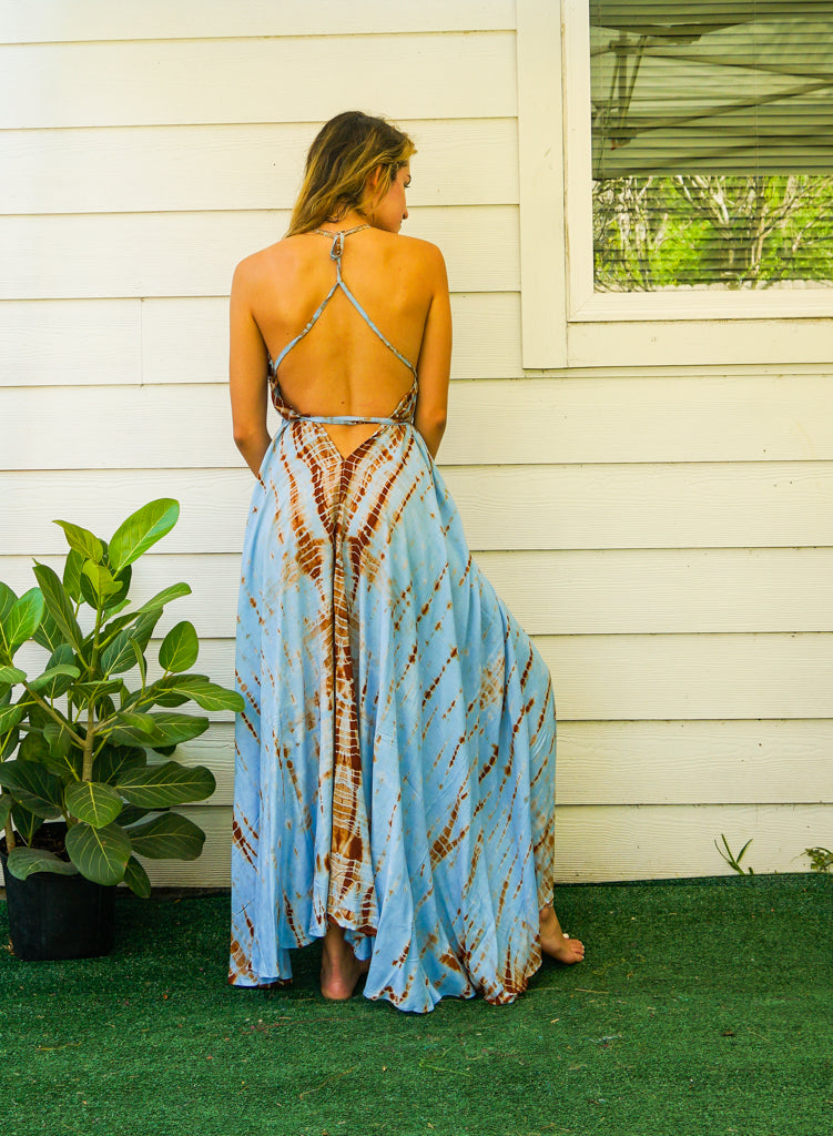 Blue Brown Shibori Hand Dyed Goddess Boho Maxi Dress