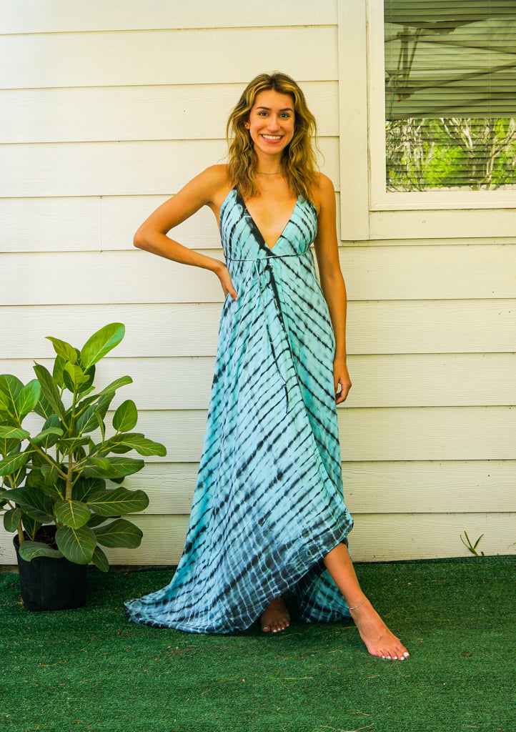 Blue Shibori Hand Dyed Goddess Boho Maxi Dress