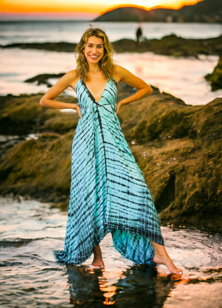 Blue Shibori Hand Dyed Goddess Boho Maxi Dress