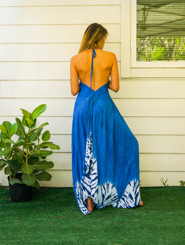 Indigo Blue Shibori Hand Dyed Goddess Boho Maxi Dress