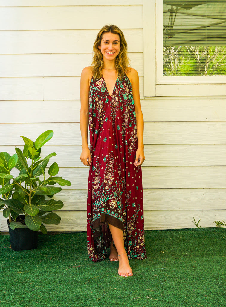 Burgundy Floral Mandala Goddess Boho Maxi Dress