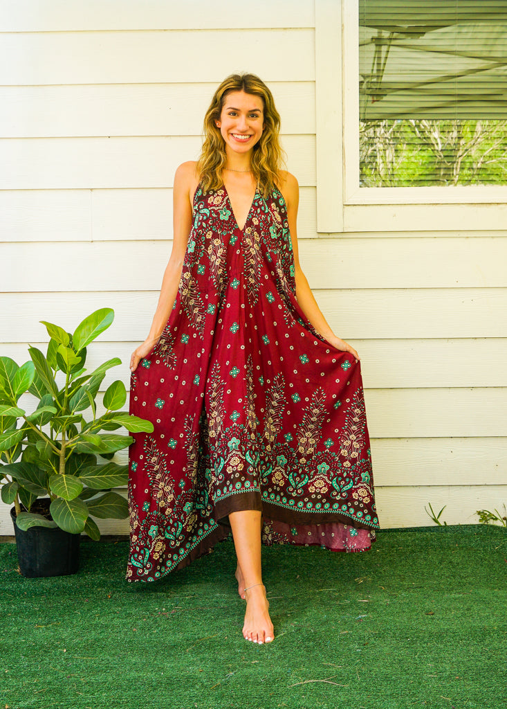 Burgundy Floral Mandala Goddess Boho Maxi Dress