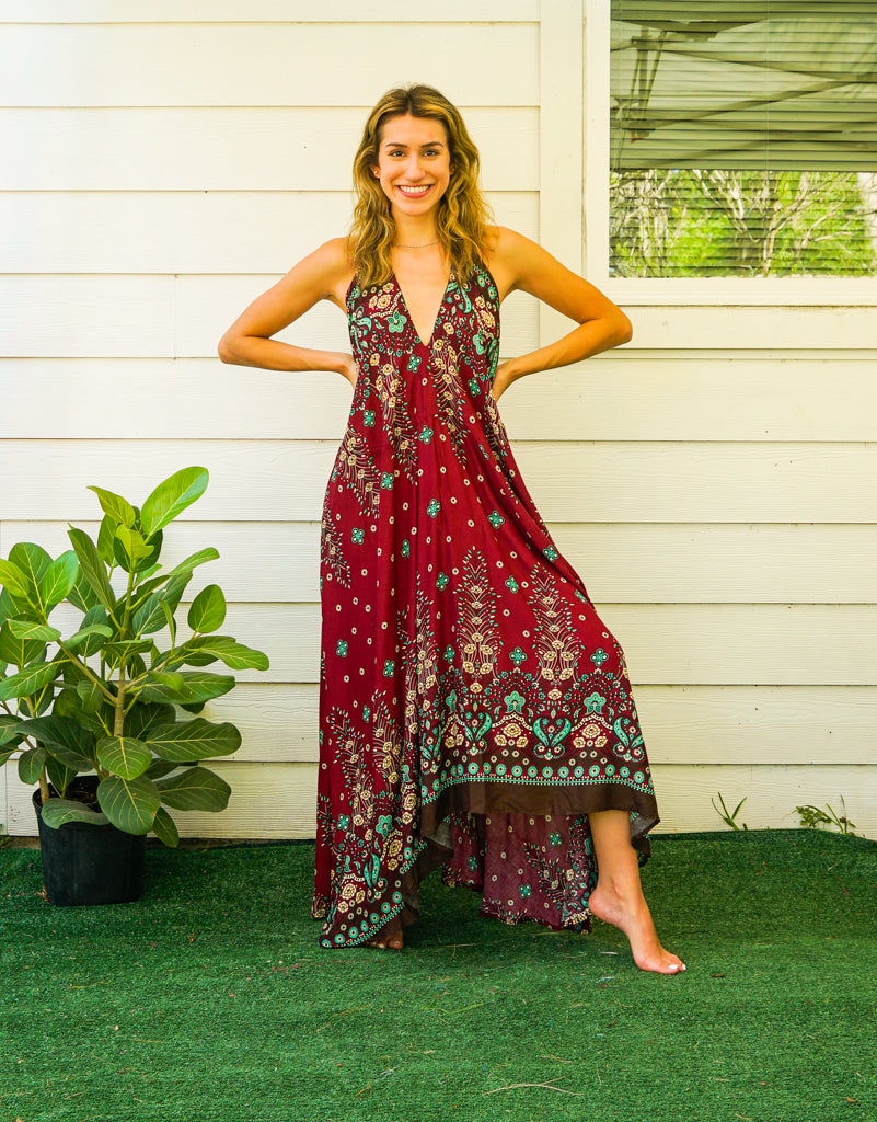 Burgundy Floral Mandala Goddess Boho Maxi Dress Lamsri Bohemian