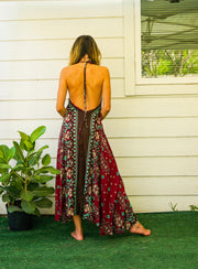 Burgundy Floral Mandala Goddess Boho Maxi Dress