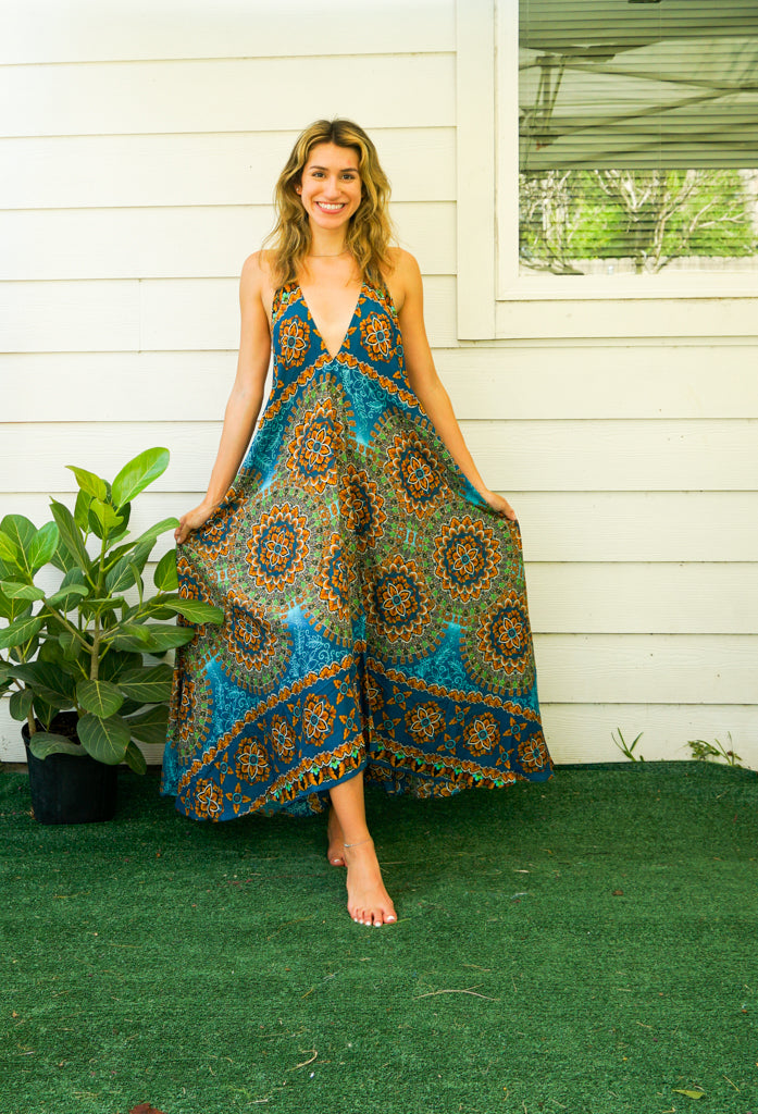 Turquoise Psychedelic Mandala Goddess Boho Maxi Dress