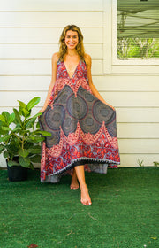 Burgundy Paisley Mandala Goddess Boho Maxi Dress