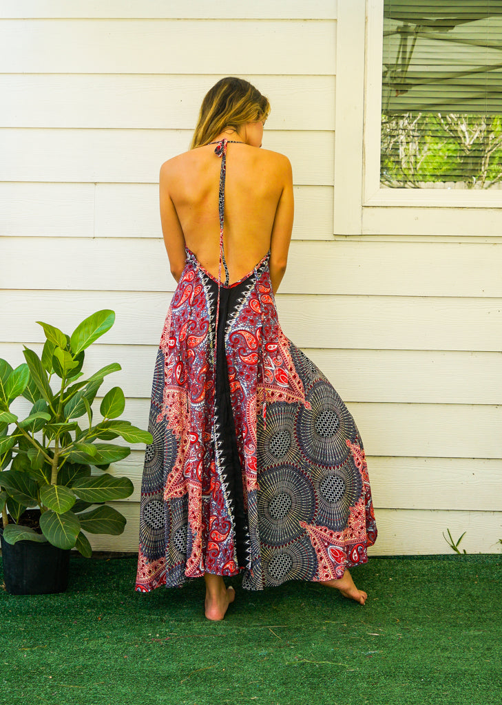 Burgundy Paisley Mandala Goddess Boho Maxi Dress