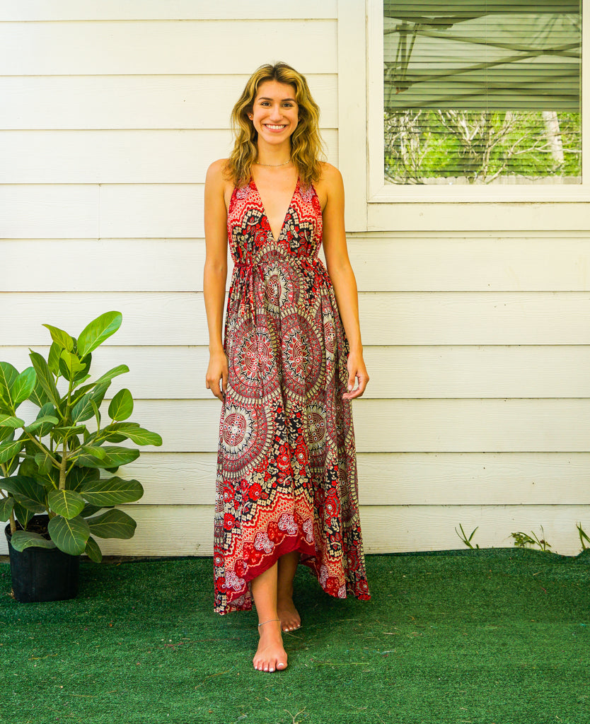 Burgundy Sweet Mandala Goddess Boho Maxi Dress