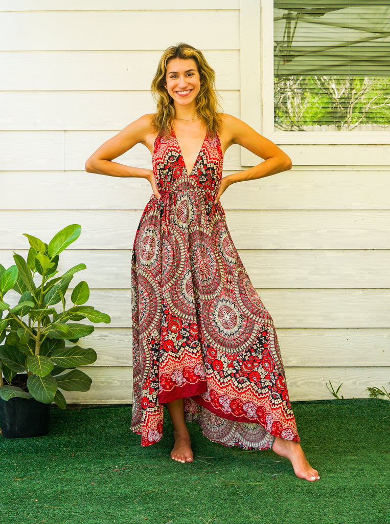 Burgundy Sweet Mandala Goddess Boho Maxi Dress