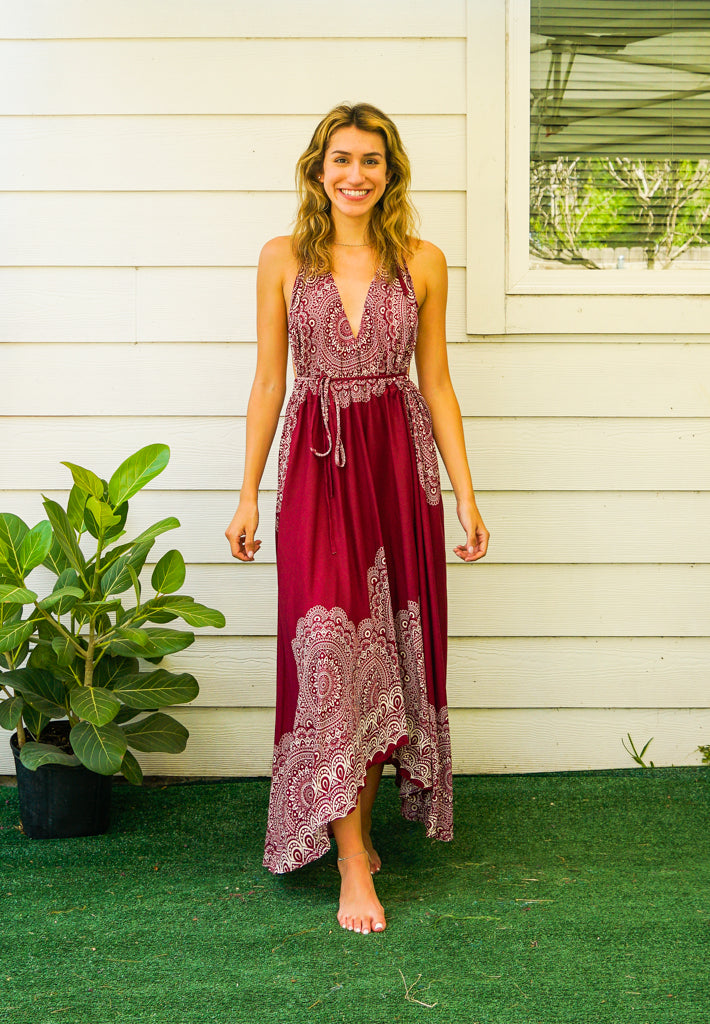 Burgundy Mandala Goddess Boho Maxi Dress