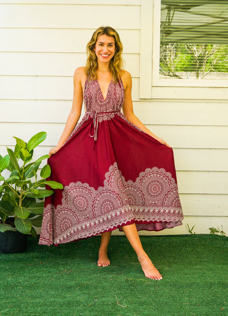 Burgundy Mandala Goddess Boho Maxi Dress