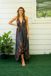 Gray Floral Mandala Goddess Boho Maxi Dress