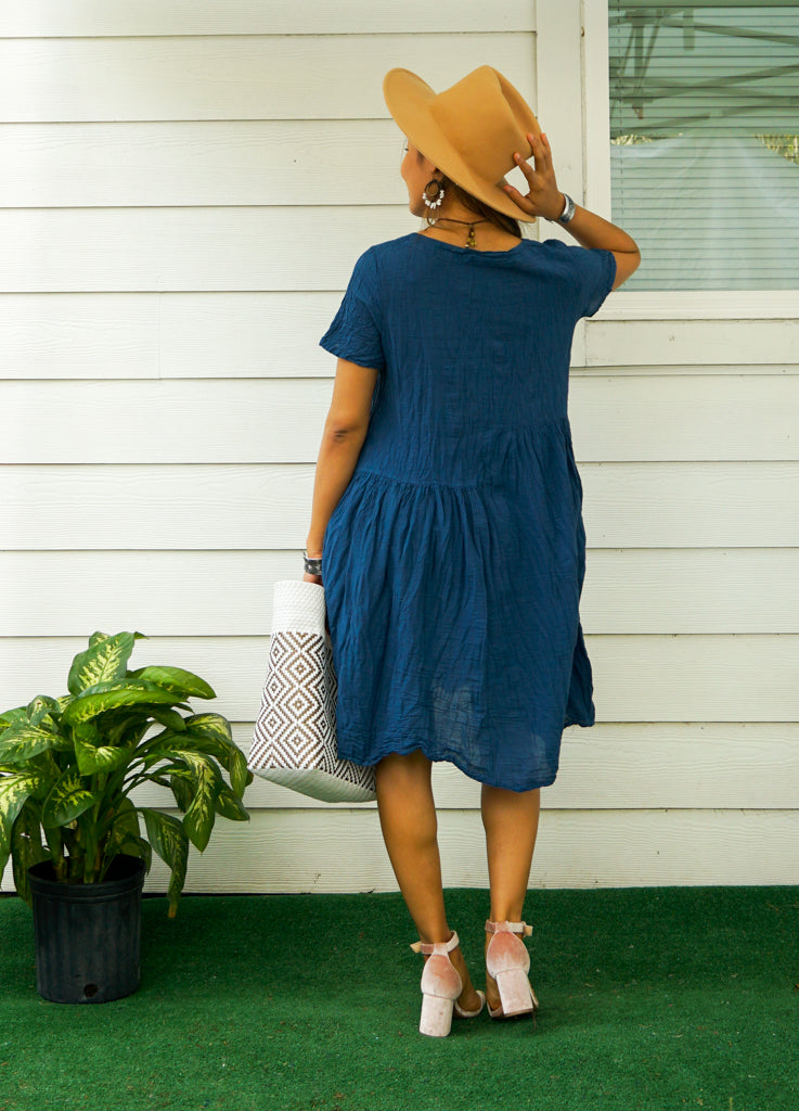 Teal Natural Raw Crinkled Cotton Midi Dress with Pocket