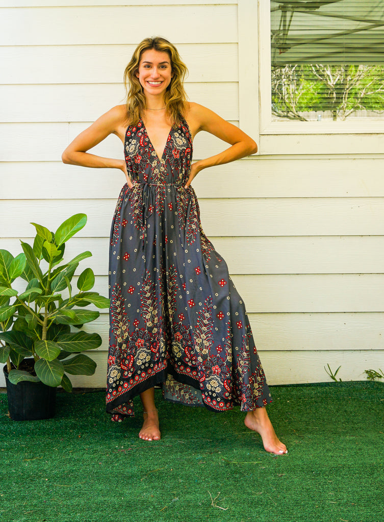 Gray Floral Mandala Goddess Boho Maxi Dress