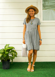 Gray Natural Raw Crinkled Cotton Midi Dress with Pocket