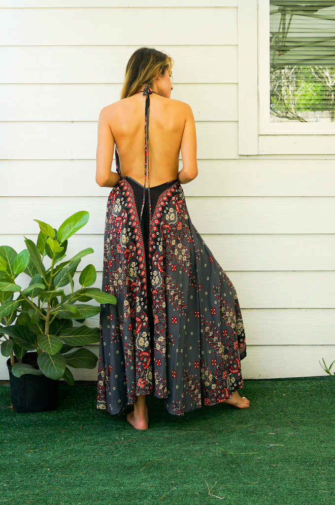 Gray Floral Mandala Goddess Boho Maxi Dress